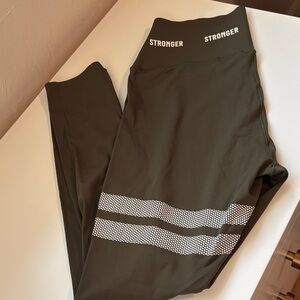 Stronger Olive Green Leggings with White Garter Style Accents